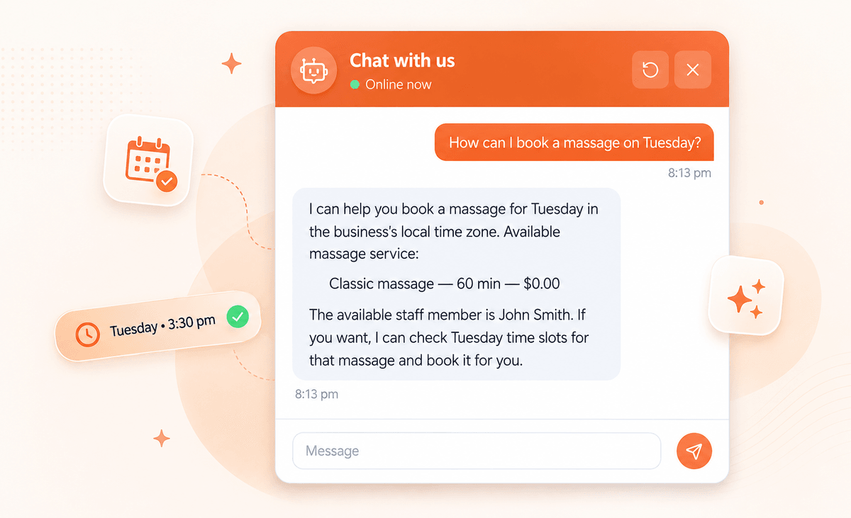 The Bookly AI Assistant chat widget on a business website: a visitor asks how to book a massage on Tuesday, and the assistant answers with the available 60-minute massage, names the staff member, and offers to check Tuesday's time slots and book the appointment.