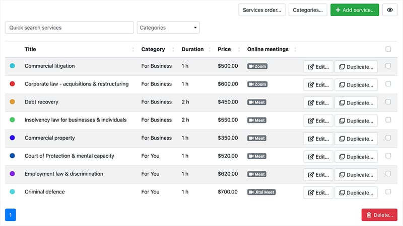 Unlimited number of services grouped into categories in Bookly