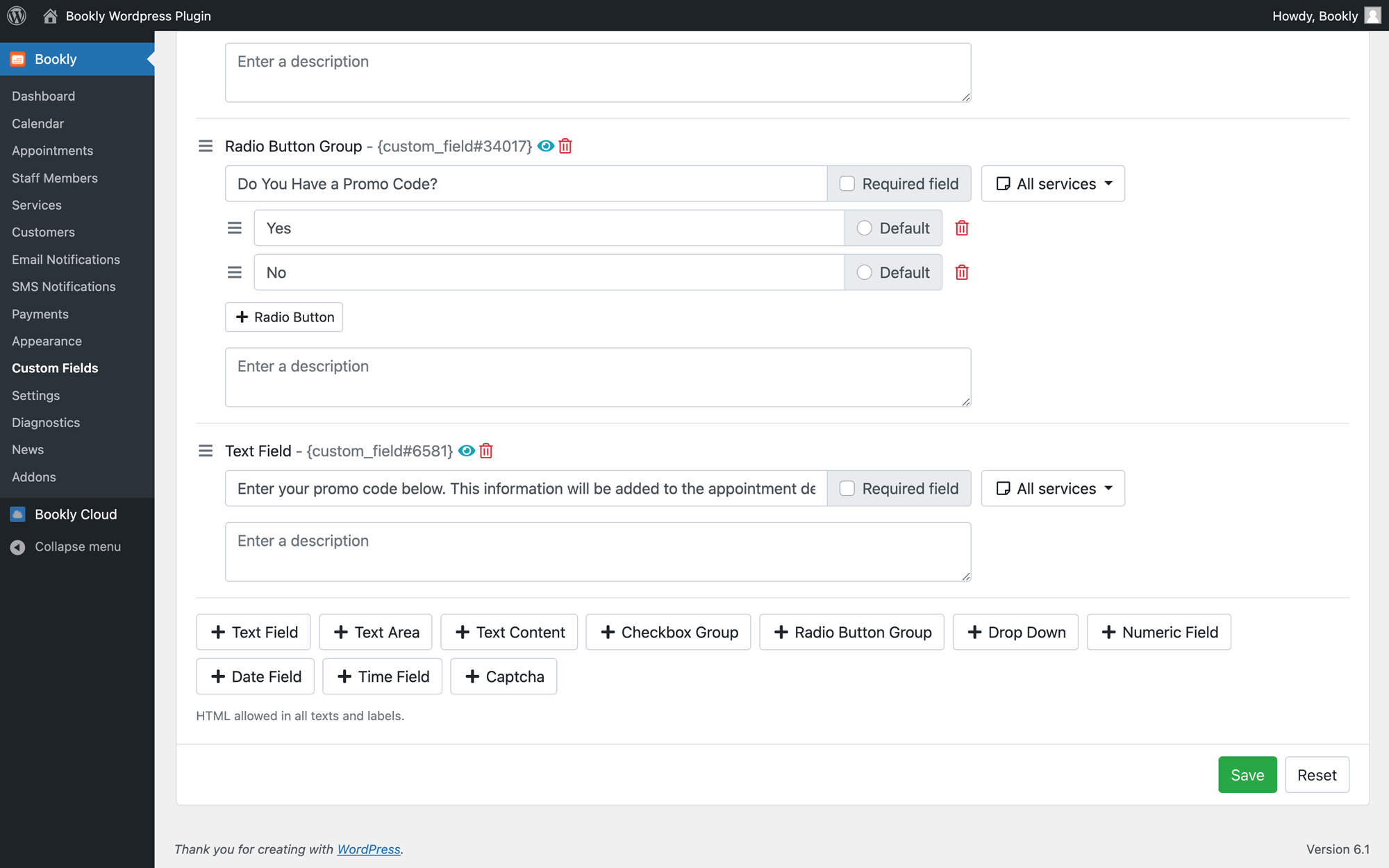 Various types of custom fields in your Bookly booking form Various types of custom fields in your Bookly booking form