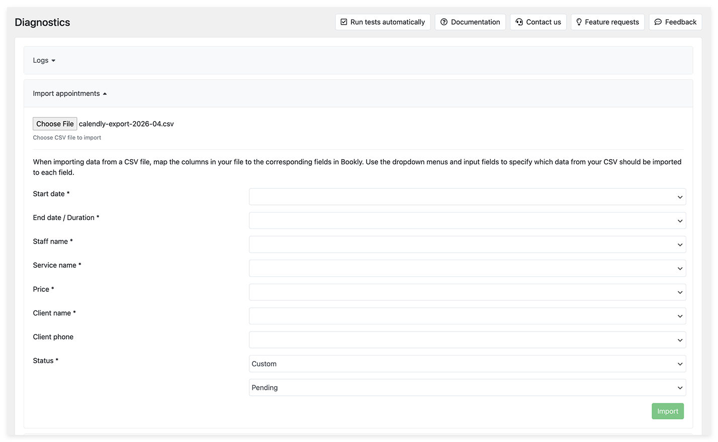 Bookly Diagnostics Import appointments screen — CSV upload and field mapping