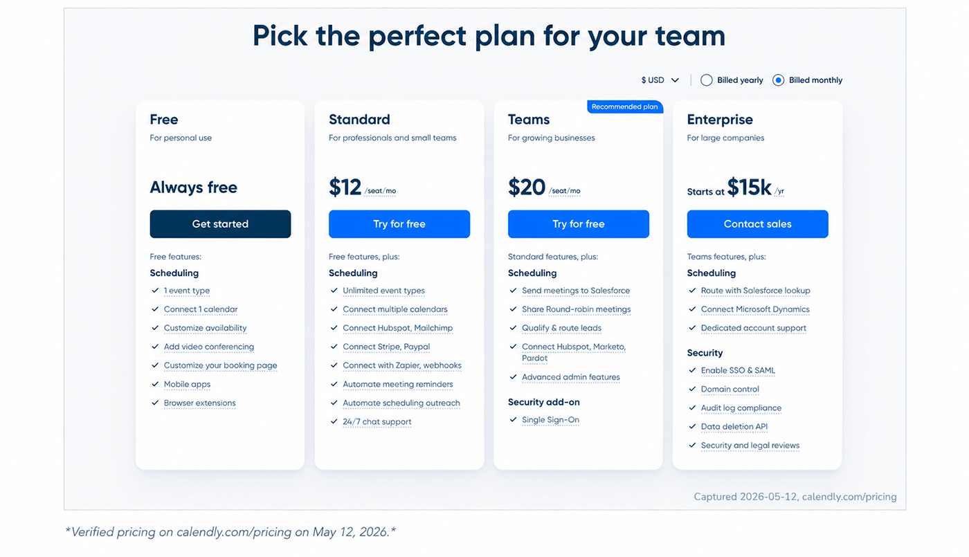 Calendly pricing screenshot — verified on calendly.com/pricing on April 28, 2026