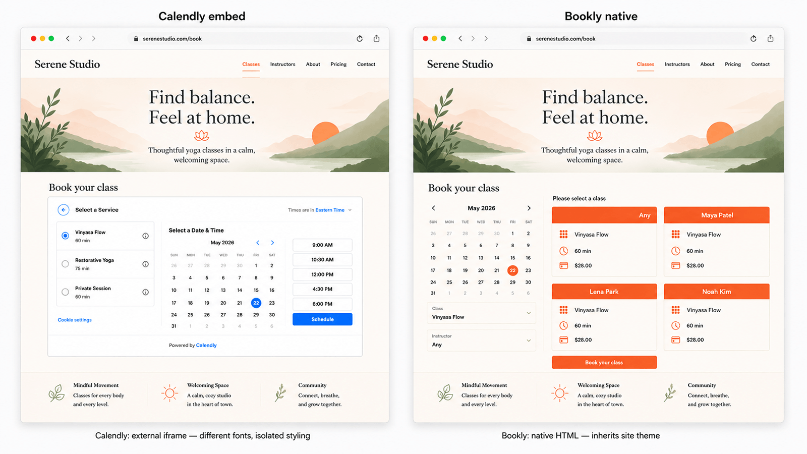 Side-by-side embed demo — Calendly iframe versus Bookly native HTML