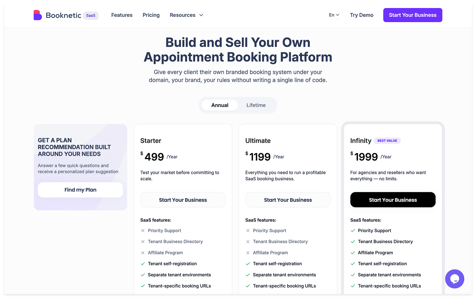 Booknetic SaaS pricing page June 2026 — Starter, Ultimate, and Infinity tiers